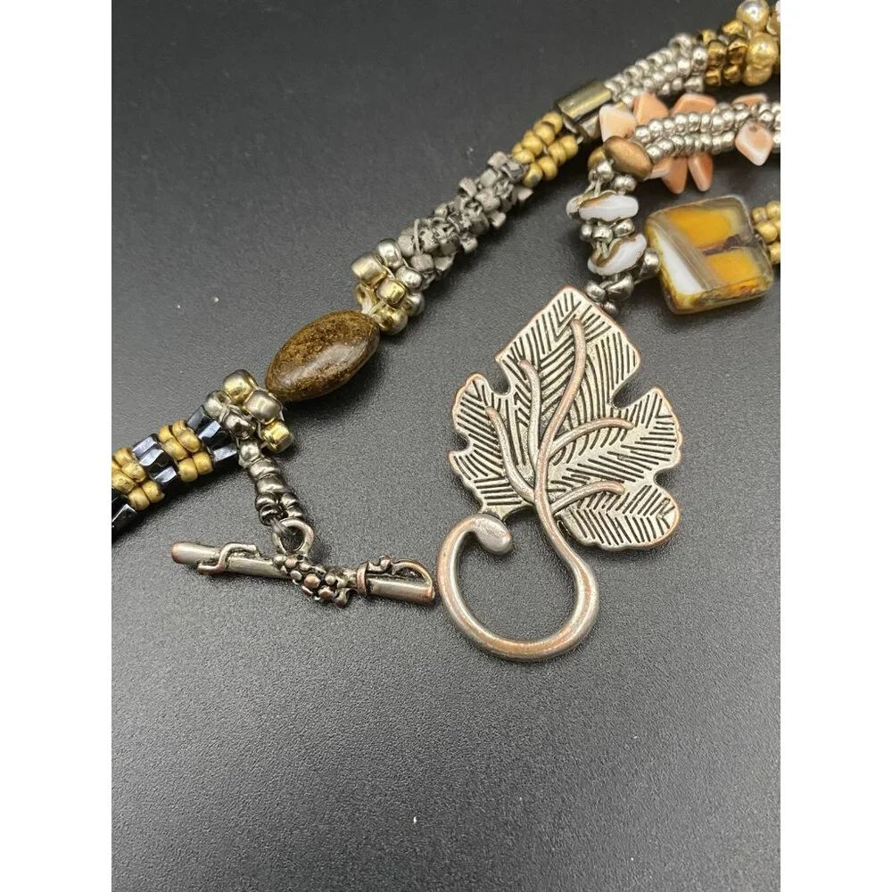 Artisan  Necklace Boho Natural Stone Shell Glass Bead Antiqued Bronze Toggle 38" - Picture 11 of 13